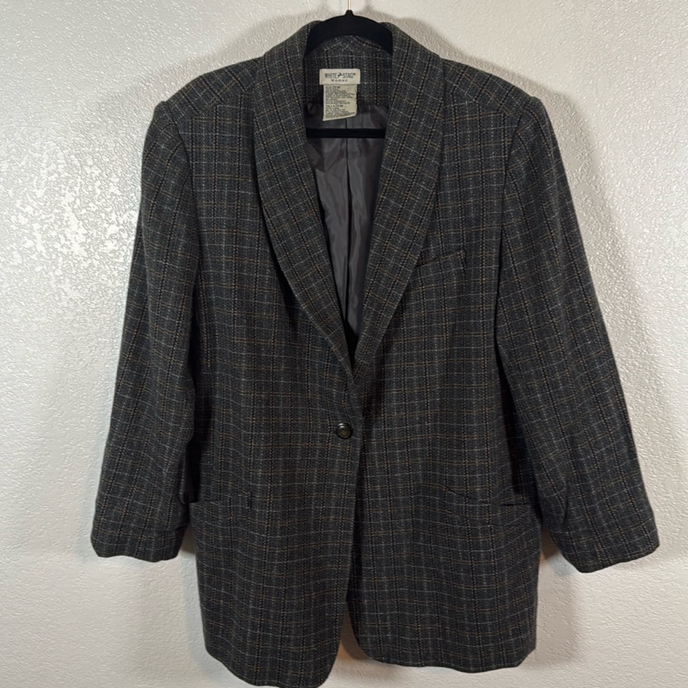 Vintage White Stag Gray Plaid Wool Blazer Size 20W